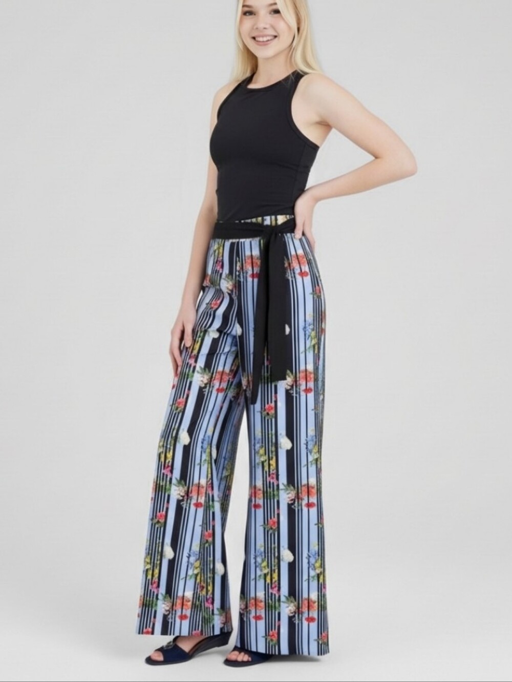 Lena Gabrielle Floral Striped Super Wide Leg Stretch High Rise Pants Size 10 New